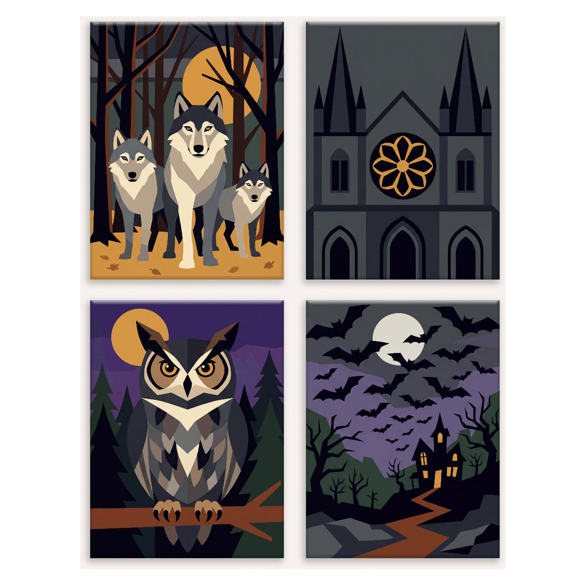 Coffret 4 peintures par numéro Ombres Gothiques – loups, cathédrale, hibou et chauves-souris sur le manoir – Maison Artsen