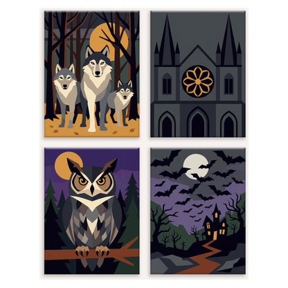 Coffret 4 peintures par numéro Ombres Gothiques – loups, cathédrale, hibou et chauves-souris sur le manoir – Maison Artsen