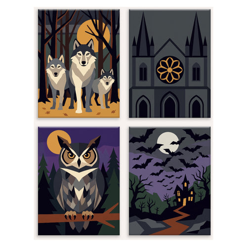 Coffret 4 peintures par numéro Ombres Gothiques – loups, cathédrale, hibou et chauves-souris sur le manoir – Maison Artsen