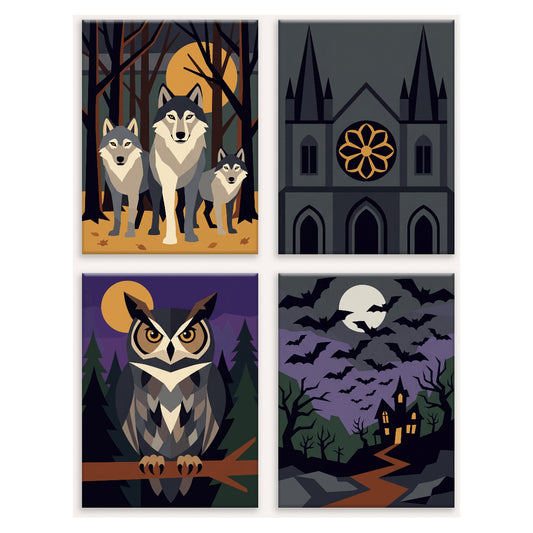 Coffret 4 peintures par numéro Ombres Gothiques – loups, cathédrale, hibou et chauves-souris sur le manoir – Maison Artsen