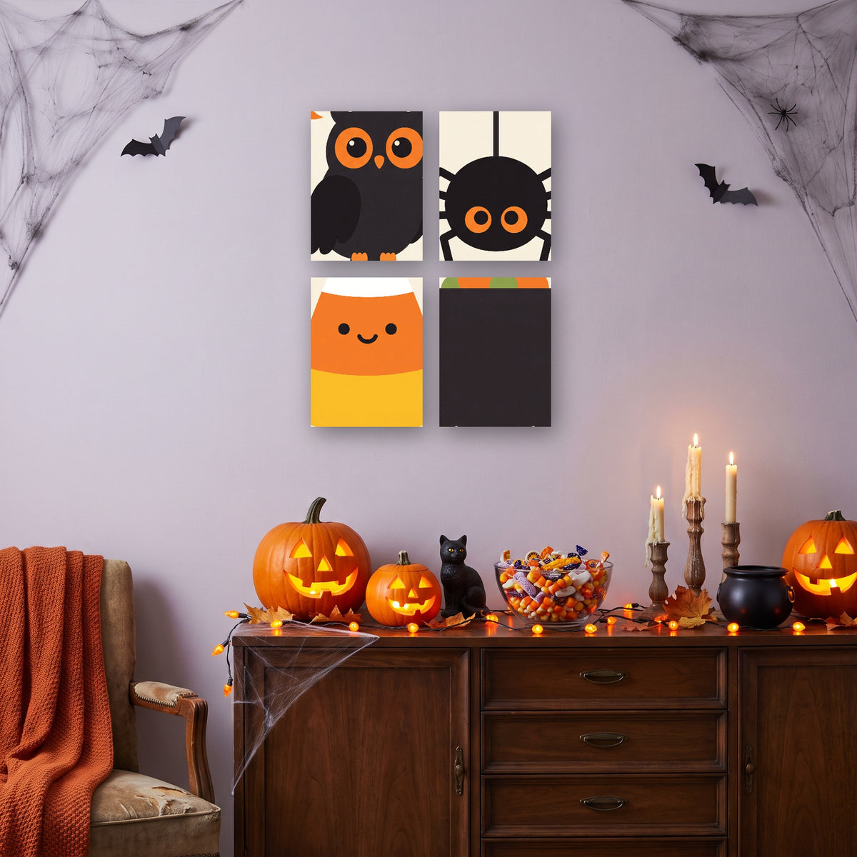 Coffret 4 mini-toiles Orange et Noir accrochées dans un salon décoré pour Halloween — Maison Artsen