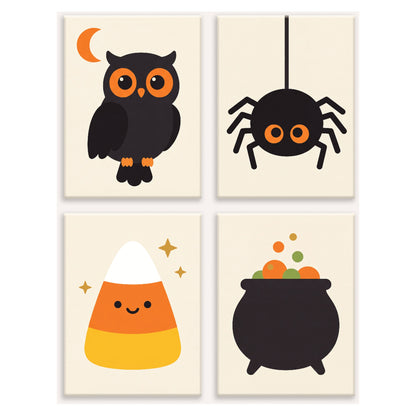 Coffret 4 peintures par numéro Orange et Noir – hibou, araignée, bonbon rayé et chaudron sur fond crème – Maison Artsen