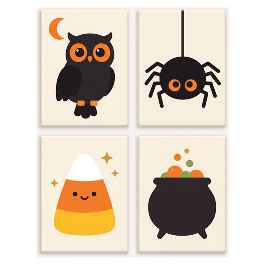 Coffret 4 peintures par numéro Orange et Noir – hibou, araignée, bonbon rayé et chaudron sur fond crème – Maison Artsen