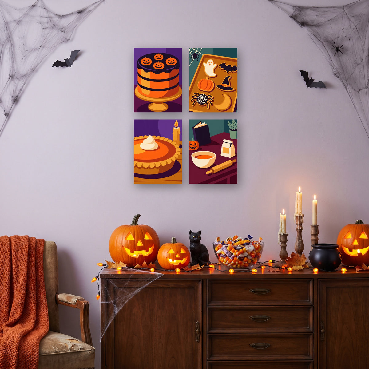 Coffret 4 mini-toiles Pâtisserie Hantée accrochées dans un salon décoré pour Halloween — Maison Artsen
