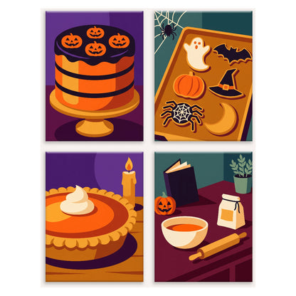 Coffret 4 peintures par numéro Pâtisserie Hantée – gâteau aux citrouilles, biscuits fantômes, tarte et pâtisserie – Maison Artsen