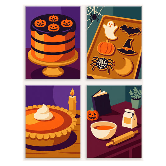 Coffret 4 peintures par numéro Pâtisserie Hantée – gâteau aux citrouilles, biscuits fantômes, tarte et pâtisserie – Maison Artsen