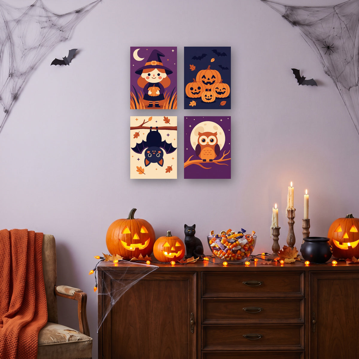 Coffret 4 mini-toiles Petite Sorcière et Compagnie accrochées dans un salon décoré pour Halloween — Maison Artsen