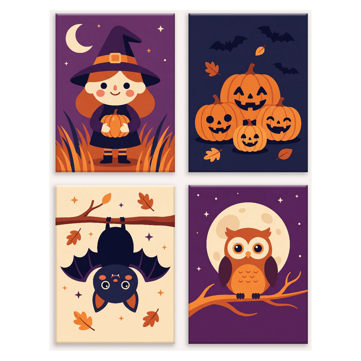 Coffret 4 peintures par numéro Petite Sorcière et Compagnie – petite sorcière, citrouilles, chauve-souris et hibou sous la lune – Maison Artsen