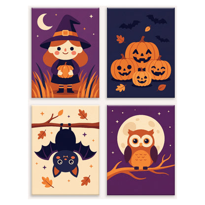 Coffret 4 peintures par numéro Petite Sorcière et Compagnie – petite sorcière, citrouilles, chauve-souris et hibou sous la lune – Maison Artsen