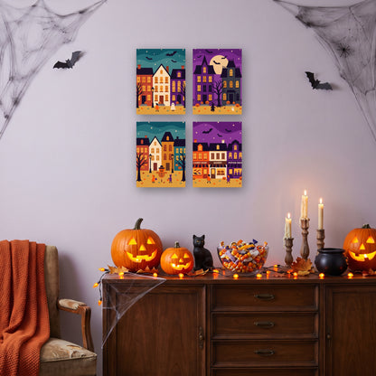 Coffret 4 mini-toiles Petite Ville Hantée accrochées dans un salon décoré pour Halloween — Maison Artsen