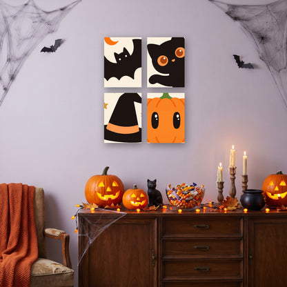 Coffret 4 mini-toiles Petits Complices d'Octobre accrochées dans un salon décoré pour Halloween — Maison Artsen
