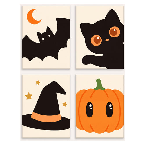 Coffret 4 peintures par numéro Petits Complices d'Octobre – chauve-souris, chaton noir, chapeau de sorcière et citrouille – Maison Artsen