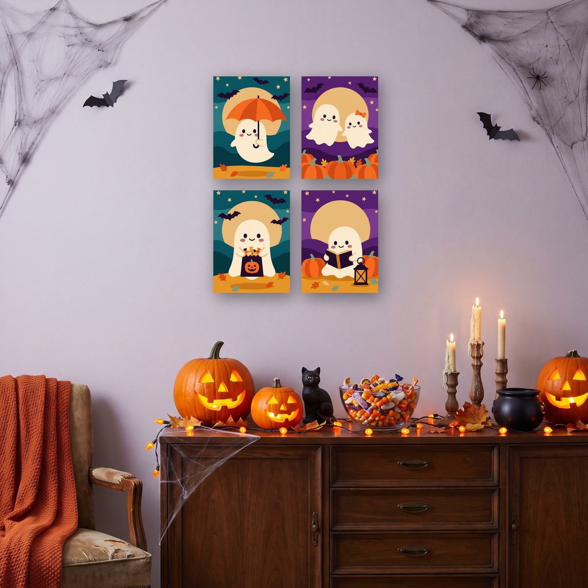 Coffret 4 mini-toiles Petits Fantômes Mignons accrochées dans un salon décoré pour Halloween — Maison Artsen