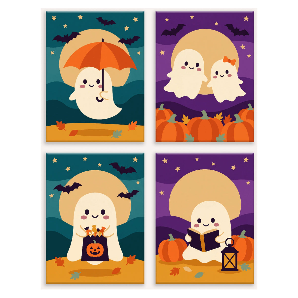 Coffret 4 peintures par numéro Petits Fantômes Mignons – petits fantômes ronds, parapluie, bonbons et lecture nocturne – Maison Artsen
