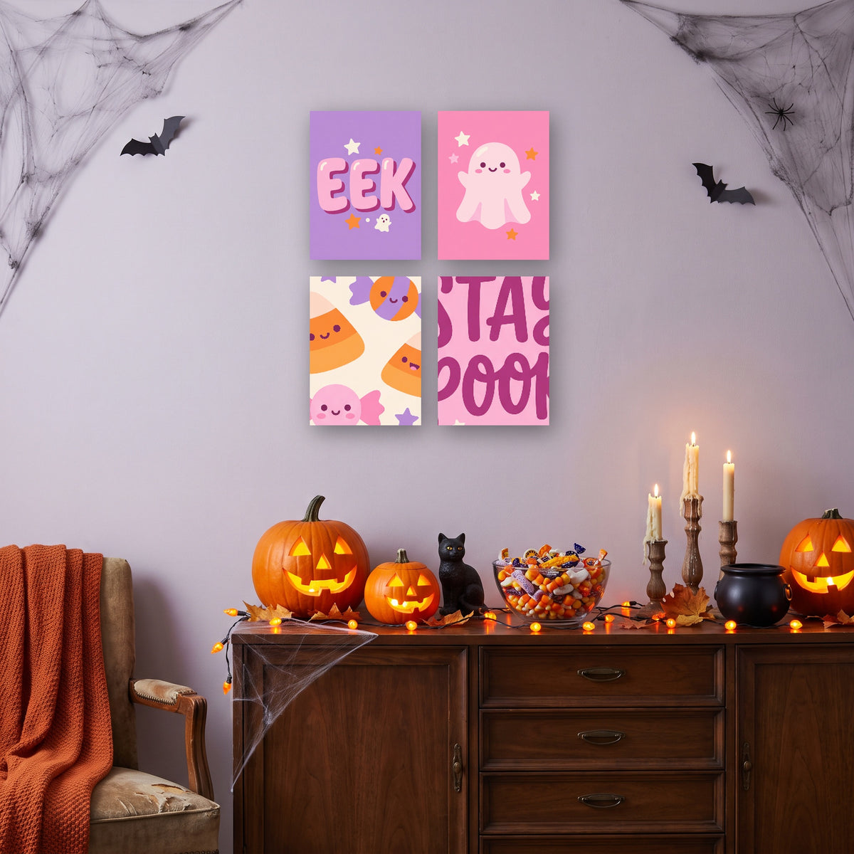 Coffret 4 mini-toiles Petits Frissons Roses accrochées dans un salon décoré pour Halloween — Maison Artsen