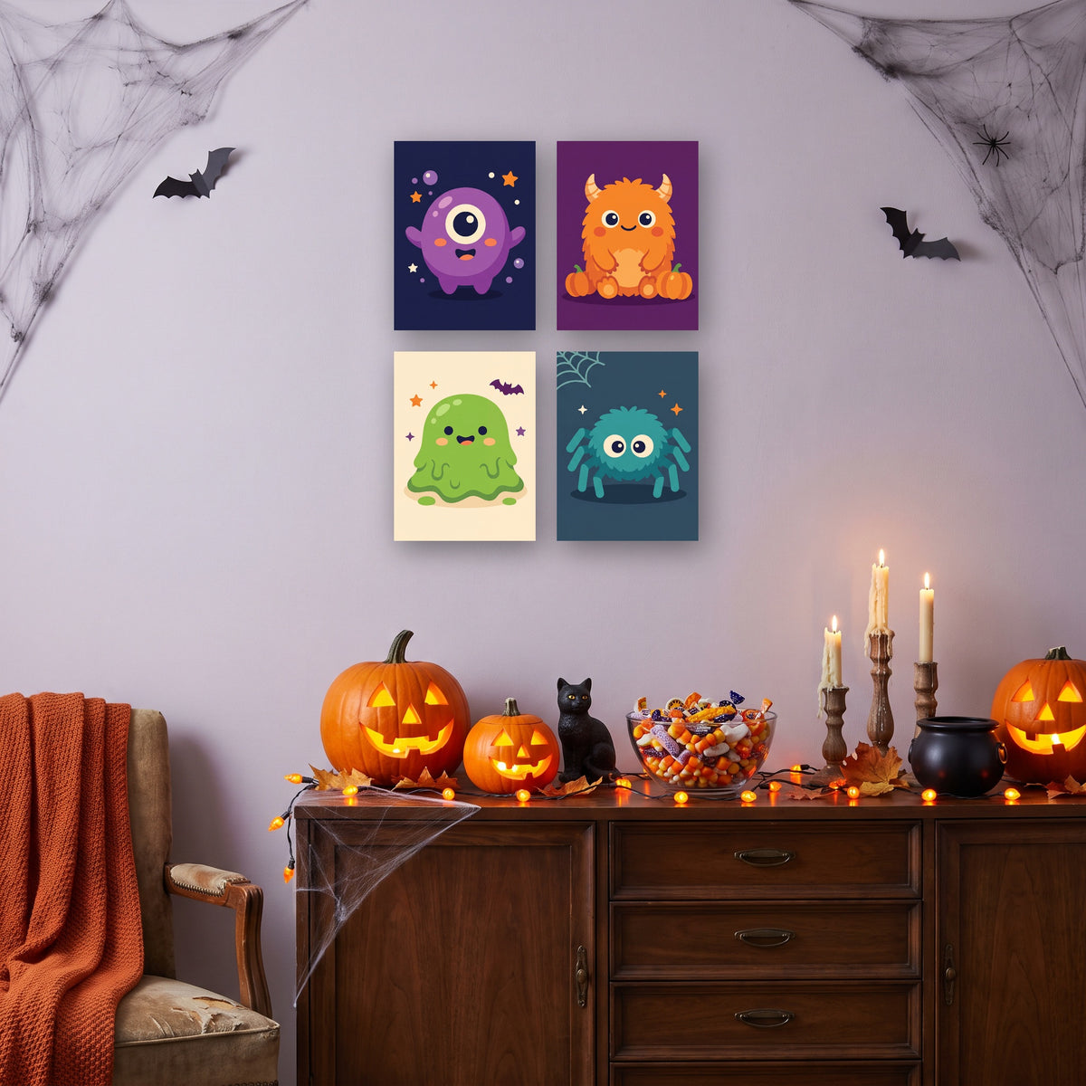 Coffret 4 mini-toiles Petits Monstres accrochées dans un salon décoré pour Halloween — Maison Artsen