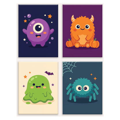 Coffret 4 peintures par numéro Petits Monstres – cyclope, peluche à cornes, gelée verte et araignée – Maison Artsen