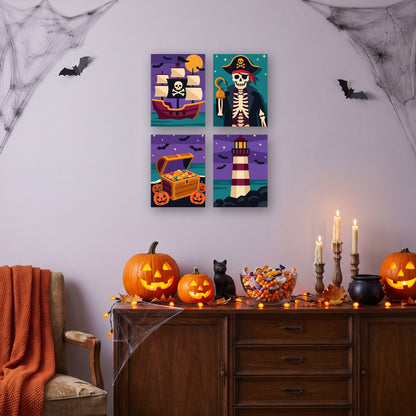 Coffret 4 mini-toiles Pirates Fantômes accrochées dans un salon décoré pour Halloween — Maison Artsen