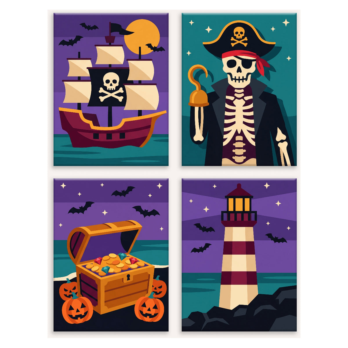 Coffret 4 peintures par numéro Pirates Fantômes – galion, squelette pirate, coffre au trésor et phare – Maison Artsen