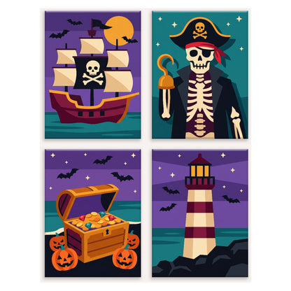 Coffret 4 peintures par numéro Pirates Fantômes – galion, squelette pirate, coffre au trésor et phare – Maison Artsen