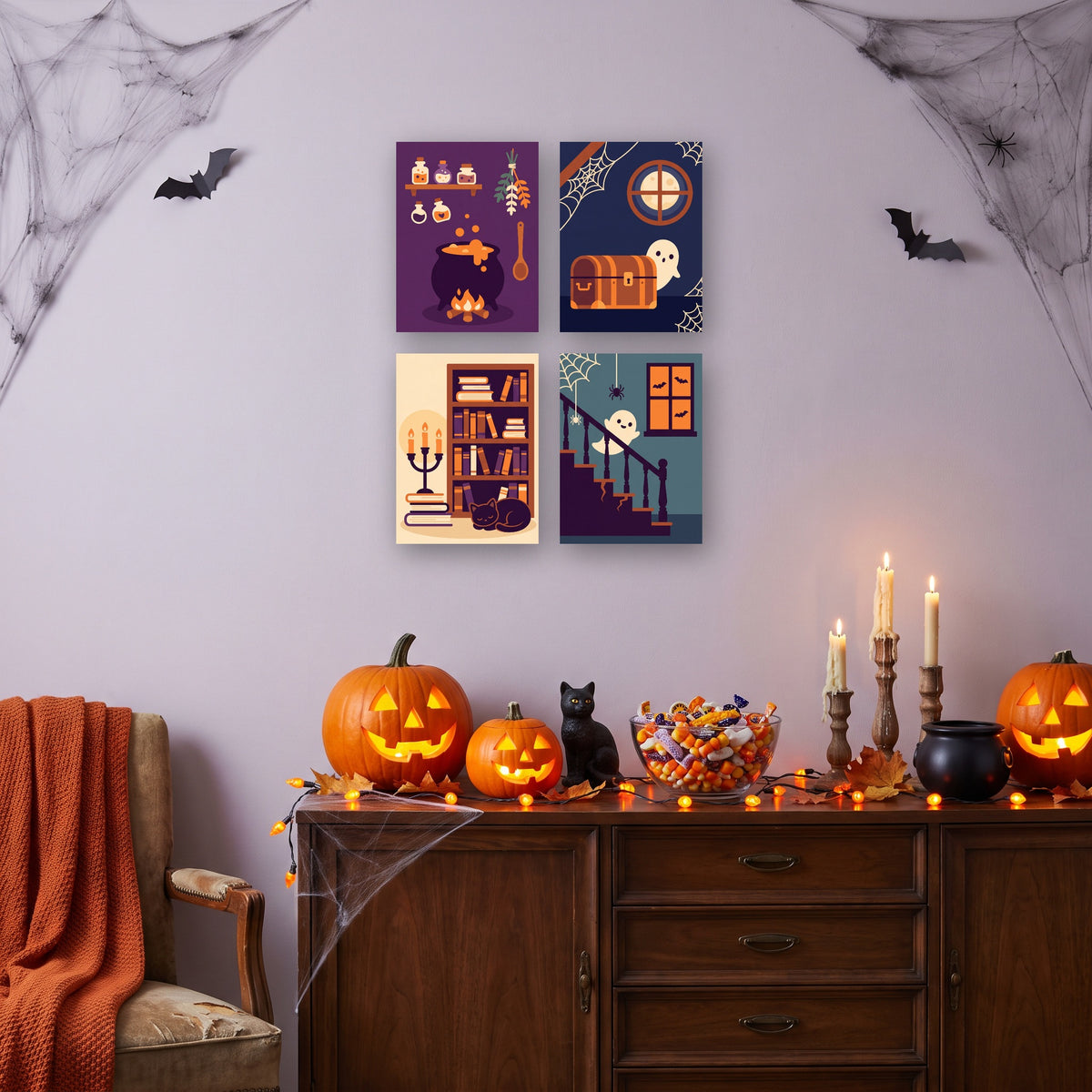 Coffret 4 mini-toiles Recoins de la Maison Hantée accrochées dans un salon décoré pour Halloween — Maison Artsen