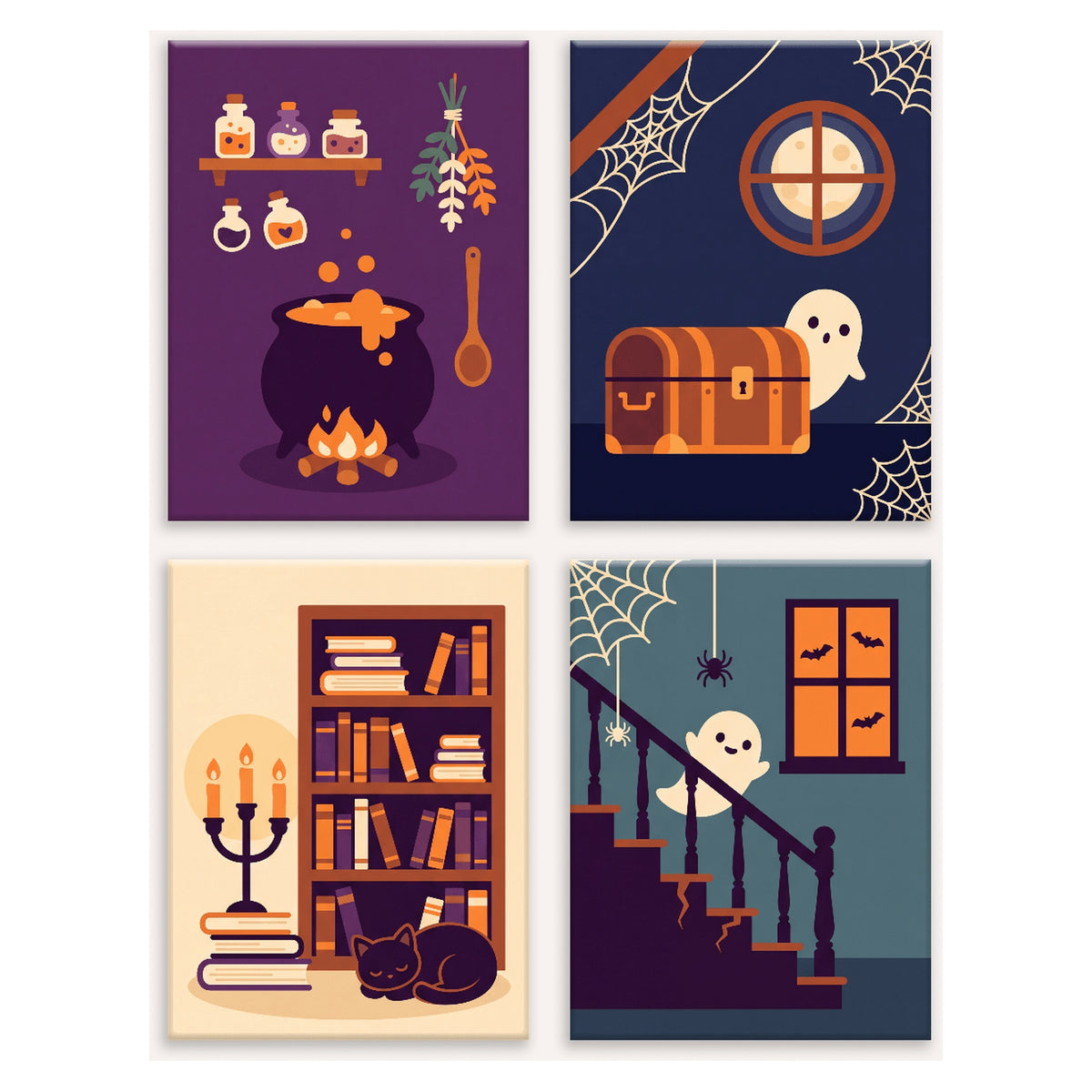 Coffret 4 peintures par numéro Recoins de la Maison Hantée – chaudron, coffre, bibliothèque et escalier aux fantômes – Maison Artsen