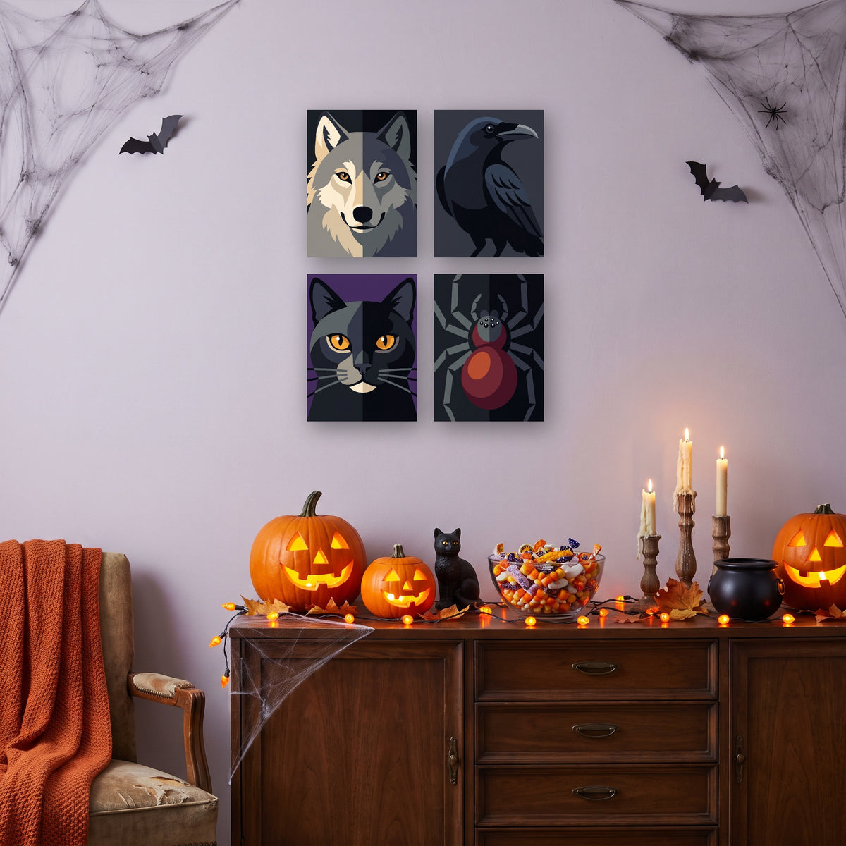 Coffret 4 mini-toiles Regards de la Nuit accrochées dans un salon décoré pour Halloween — Maison Artsen