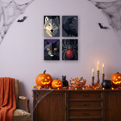 Coffret 4 mini-toiles Regards de la Nuit accrochées dans un salon décoré pour Halloween — Maison Artsen