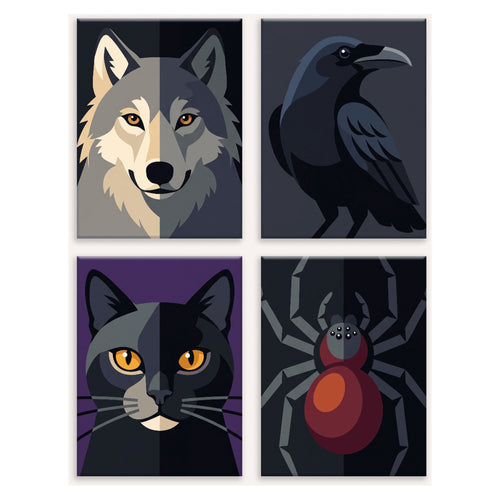 Coffret 4 peintures par numéro Regards de la Nuit – loup, corbeau, chat noir et araignée en clair-obscur – Maison Artsen