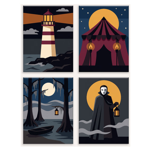 Coffret 4 peintures par numéro Rivages de Brume – phare, chapiteau, bayou et silhouette masquée dans la brume – Maison Artsen