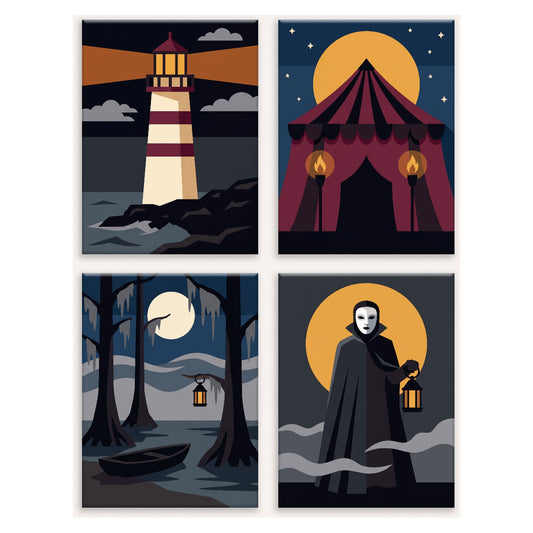 Coffret 4 peintures par numéro Rivages de Brume – phare, chapiteau, bayou et silhouette masquée dans la brume – Maison Artsen
