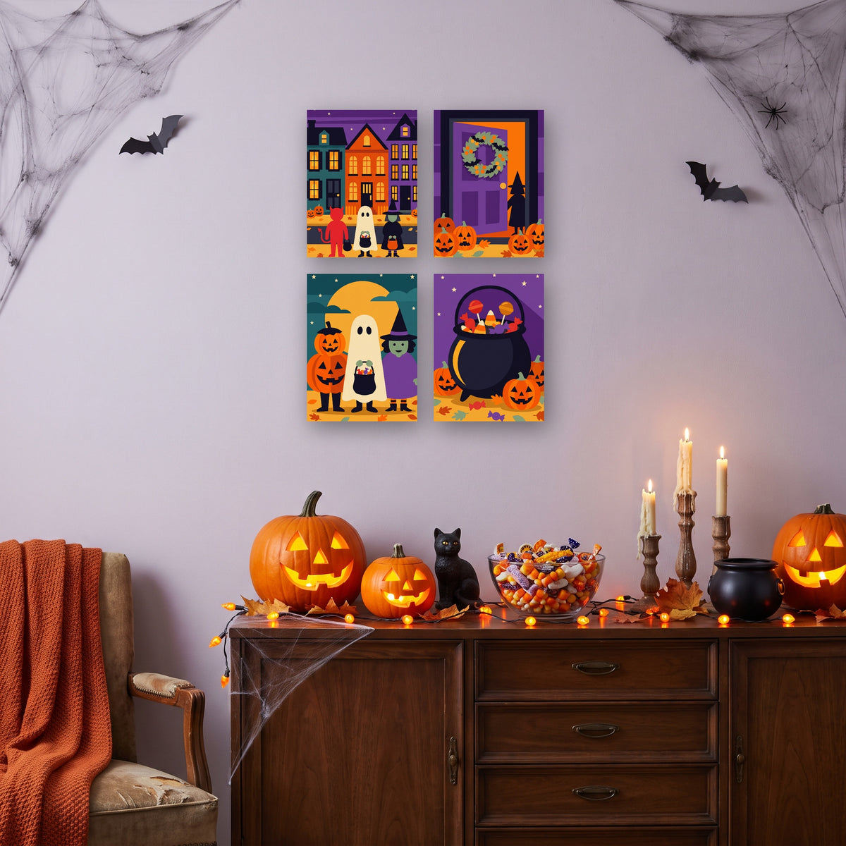 Coffret 4 mini-toiles Rue des Déguisements accrochées dans un salon décoré pour Halloween — Maison Artsen