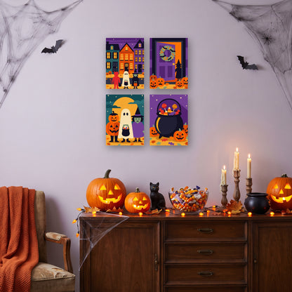 Coffret 4 mini-toiles Rue des Déguisements accrochées dans un salon décoré pour Halloween — Maison Artsen