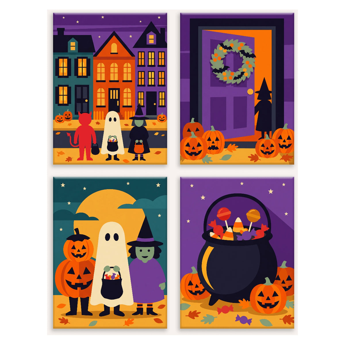 Coffret 4 peintures par numéro Rue des Déguisements – enfants déguisés, porte décorée et chaudron de bonbons – Maison Artsen