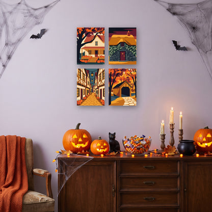 Coffret 4 mini-toiles Ruelles d'Automne accrochées dans un salon décoré pour Halloween — Maison Artsen