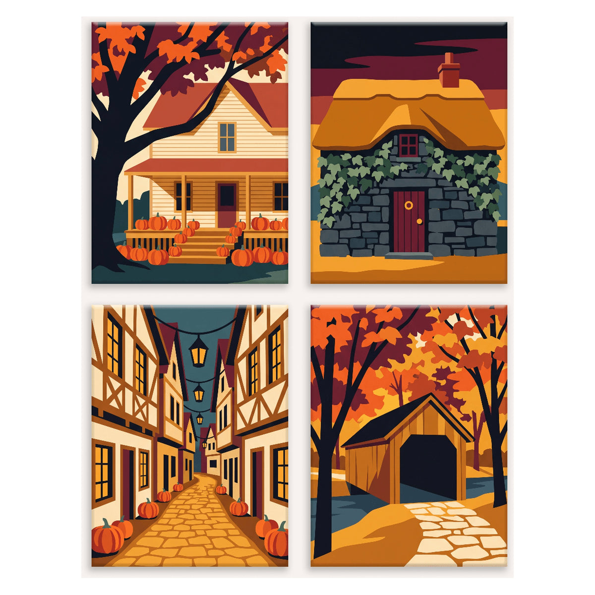 Coffret 4 peintures par numéro Ruelles d'Automne – maison, chaumière, ruelle et pont couvert en automne – Maison Artsen