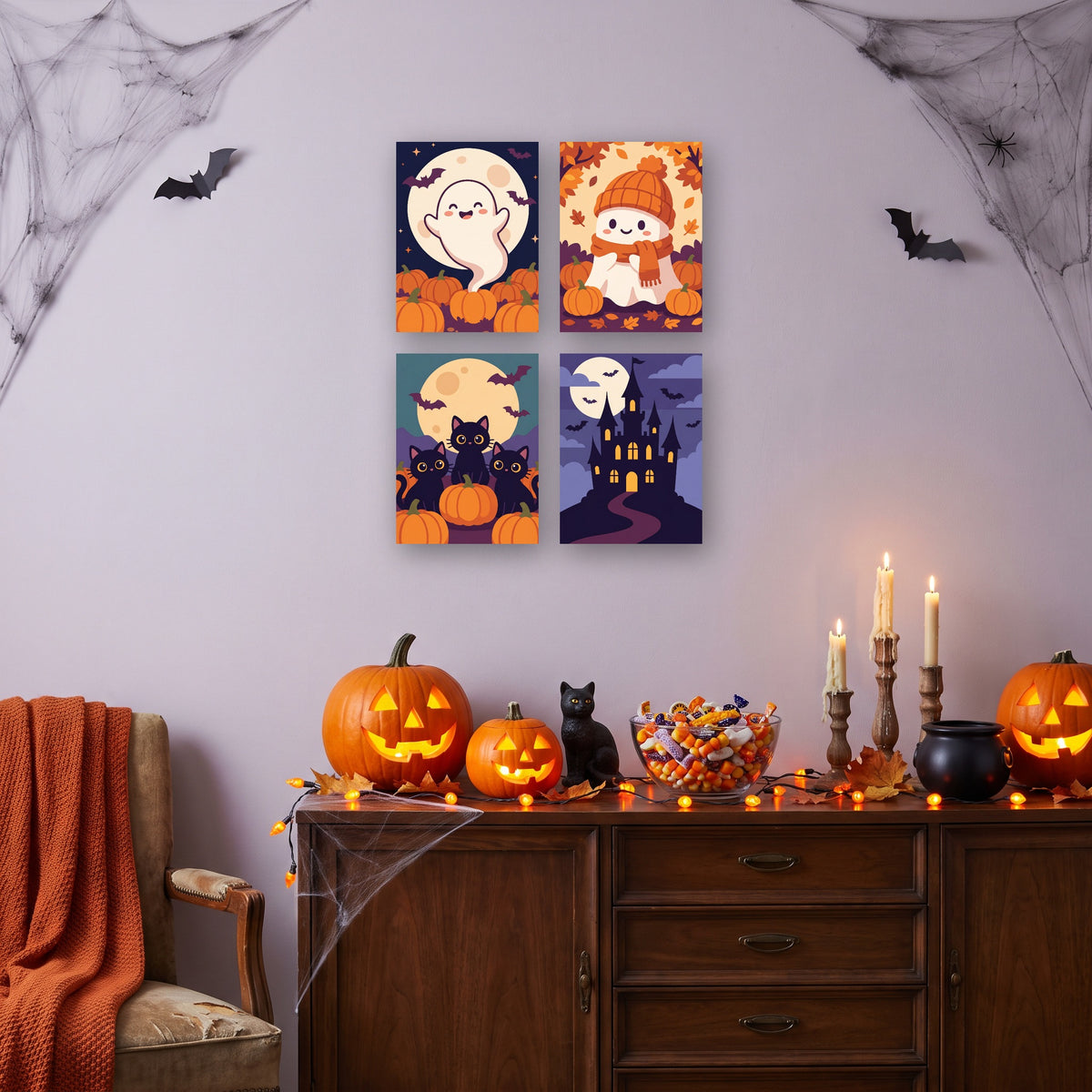 Coffret 4 mini-toiles Saison des Fantômes accrochées dans un salon décoré pour Halloween — Maison Artsen