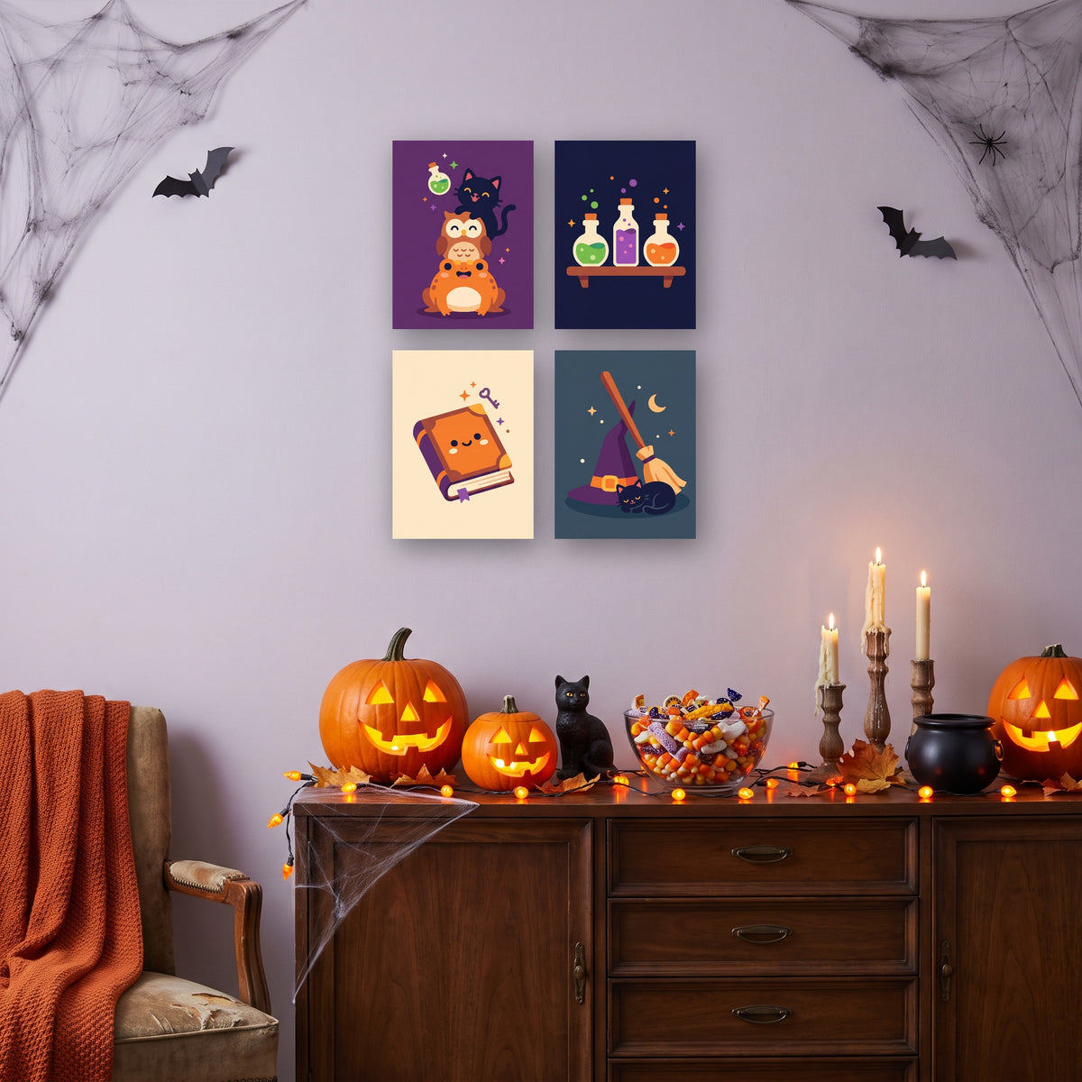 Coffret 4 mini-toiles Secrets de Grimoire accrochées dans un salon décoré pour Halloween — Maison Artsen