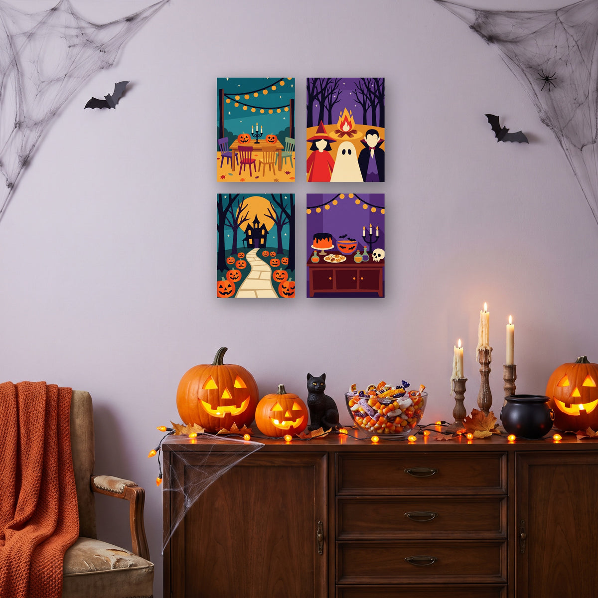 Coffret 4 mini-toiles Soirée d'Halloween accrochées dans un salon décoré pour Halloween — Maison Artsen