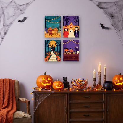 Coffret 4 mini-toiles Soirée d'Halloween accrochées dans un salon décoré pour Halloween — Maison Artsen