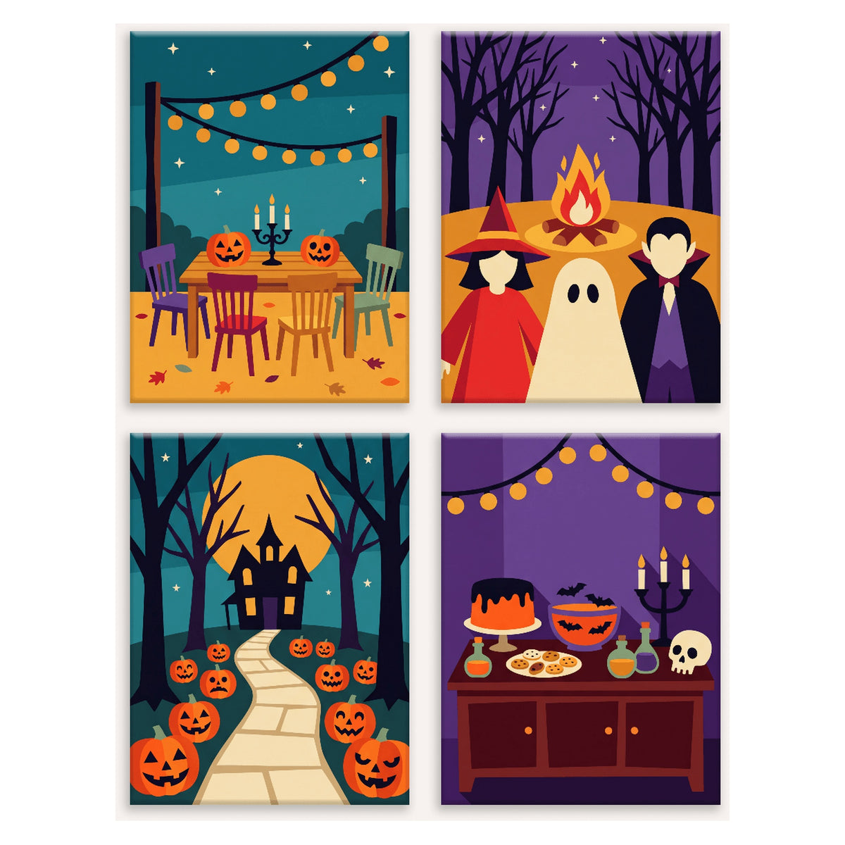 Coffret 4 peintures par numéro Soirée d'Halloween – table de fête, déguisements, allée de citrouilles et buffet – Maison Artsen