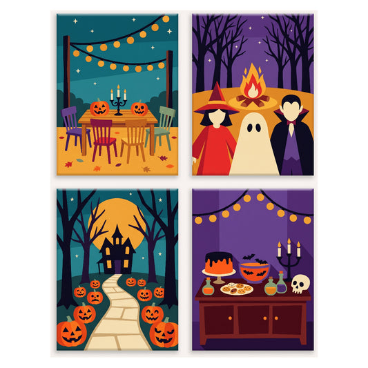 Coffret 4 peintures par numéro Soirée d'Halloween – table de fête, déguisements, allée de citrouilles et buffet – Maison Artsen