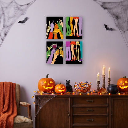 Coffret 4 mini-toiles Soirée des Monstres accrochées dans un salon décoré pour Halloween — Maison Artsen