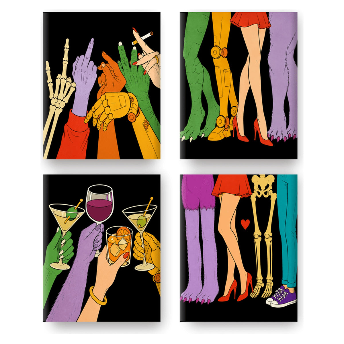 Coffret 4 peintures par numéro Soirée des Monstres – mains et jambes de monstres qui trinquent – Maison Artsen