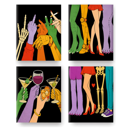 Coffret 4 peintures par numéro Soirée des Monstres – mains et jambes de monstres qui trinquent – Maison Artsen