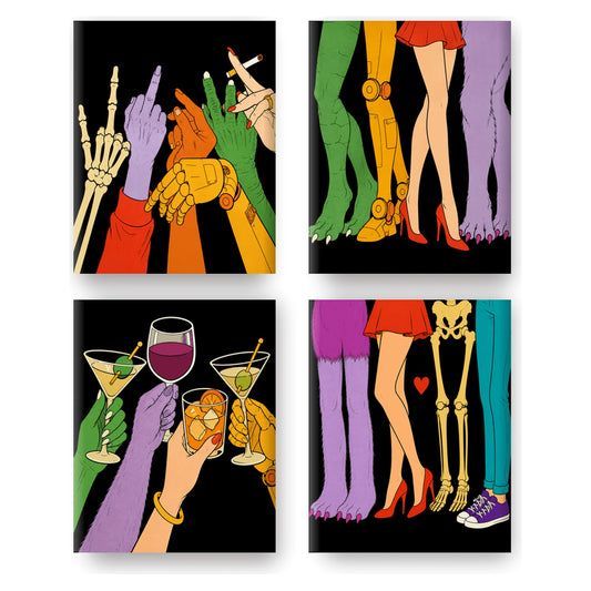 Coffret 4 peintures par numéro Soirée des Monstres – mains et jambes de monstres qui trinquent – Maison Artsen