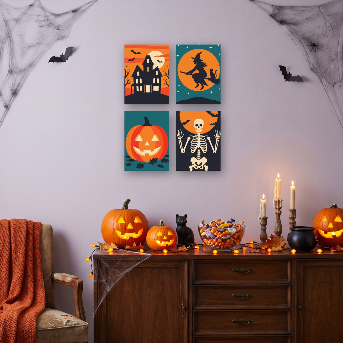 Coffret 4 mini-toiles Sorcière et Squelette accrochées dans un salon décoré pour Halloween — Maison Artsen