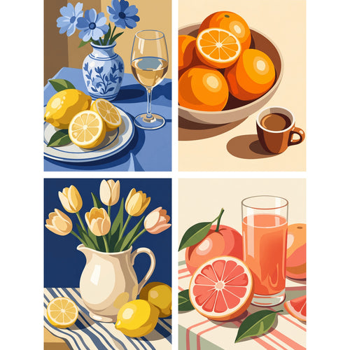 Coffret 4 peintures par numéro Table d'Été – natures mortes d'été, agrumes et tulipes – Maison Artsen