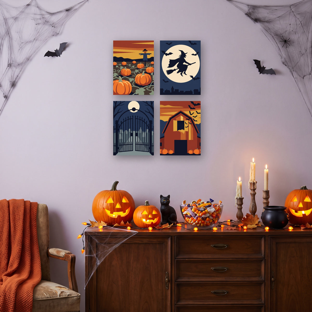 Coffret 4 mini-toiles Veillée de l'Épouvantail accrochées dans un salon décoré pour Halloween — Maison Artsen