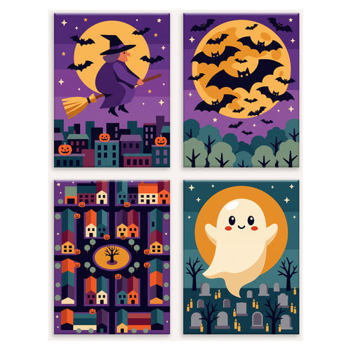 Coffret 4 peintures par numéro Vol de Nuit – sorcière, chauves-souris, ville colorée et fantôme rond – Maison Artsen